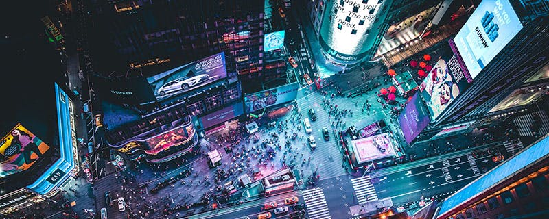 Times Square with large billboards.